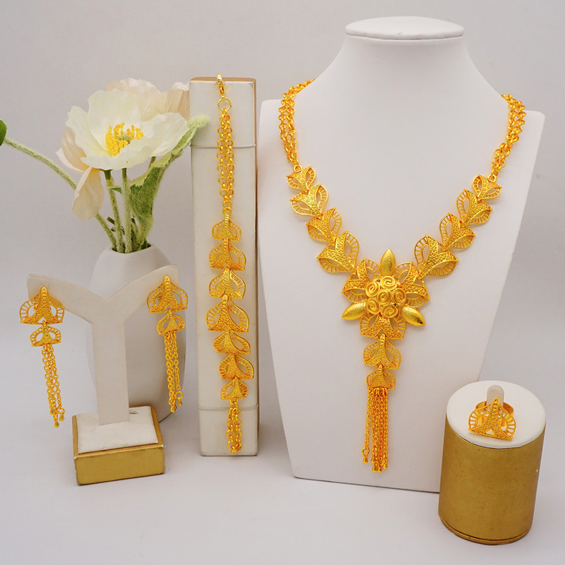 Madingas Nigerijos Dubajaus aukso spalvos papuošalų rinkinys moterims kutais ilgos grandinėlės nuotakos ilgi karoliai apyrankės auskarų žiedai vestuviniai rinkiniai