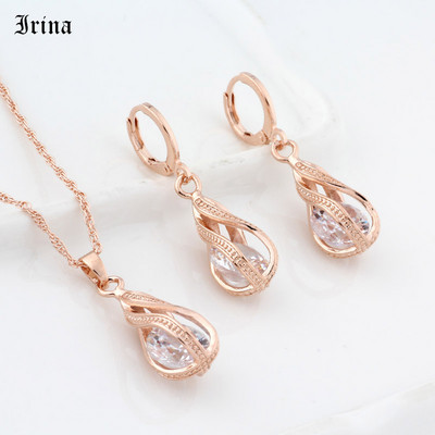 Nou cadou la modă Set de cercei lungi de culoare aur roz pentru femei Seturi de bijuterii cu zircon cubic neregulat de nuntă