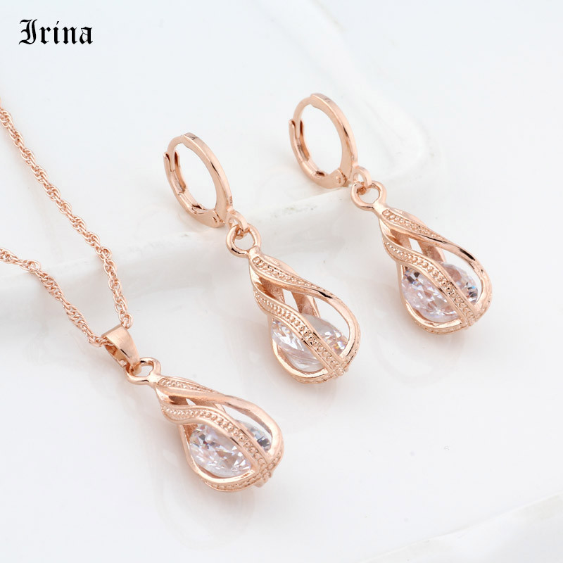 Nou cadou la modă Set de cercei lungi de culoare aur roz pentru femei Seturi de bijuterii cu zircon cubic neregulat de nuntă