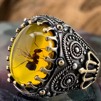 Винтидж голям овален пръстен с естествен камък от ахат за мъже, ретро инкрустиран жълто-червен циркон Пръстен с мравка за жени Брачна лента турски бижута
