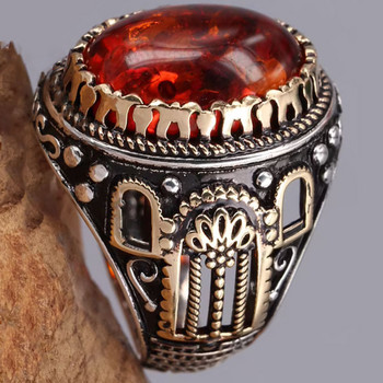 Винтидж голям овален пръстен с естествен камък от ахат за мъже, ретро инкрустиран жълто-червен циркон Пръстен с мравка за жени Брачна лента турски бижута