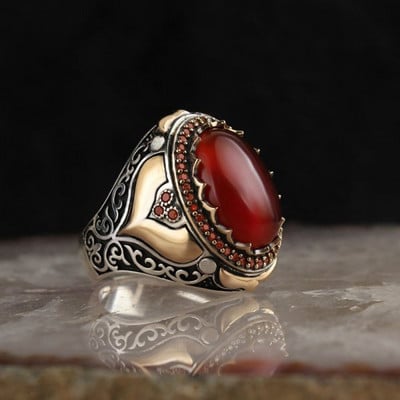 Inel de piatră de agat natural oval mare vintage pentru bărbați incrustat retro galben și roșu cu zirconiu furnici inel pentru femei verigheta bijuterii turcești