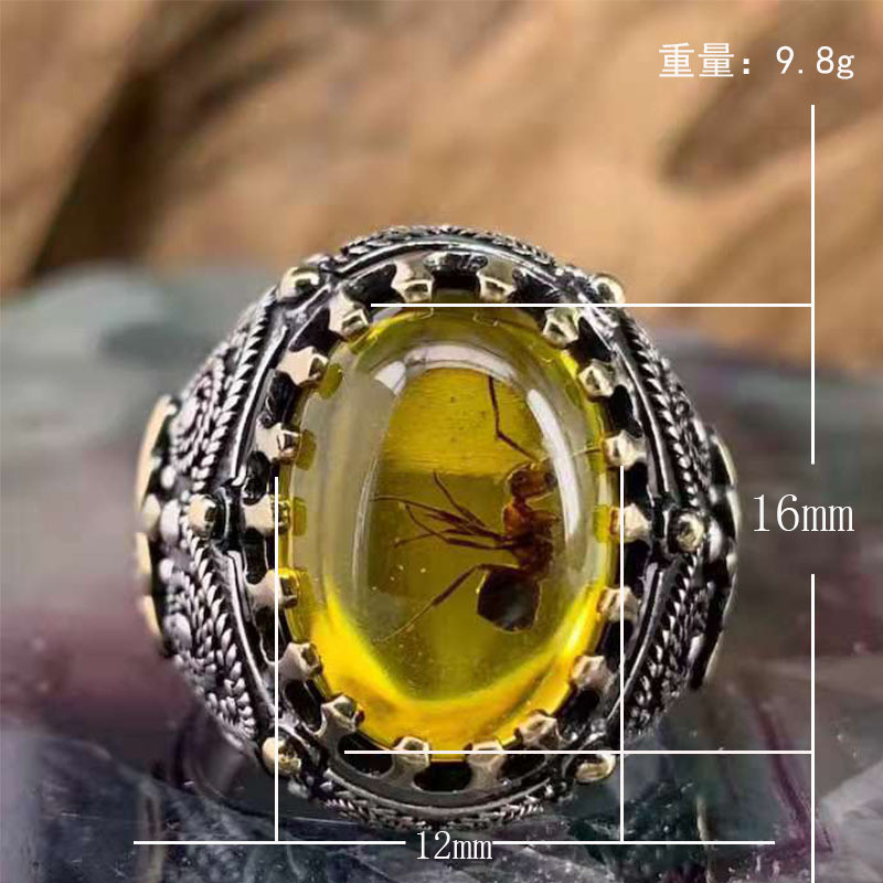 Inel de piatră de agat natural oval mare vintage pentru bărbați incrustat retro galben și roșu cu zirconiu furnici inel pentru femei verigheta bijuterii turcești