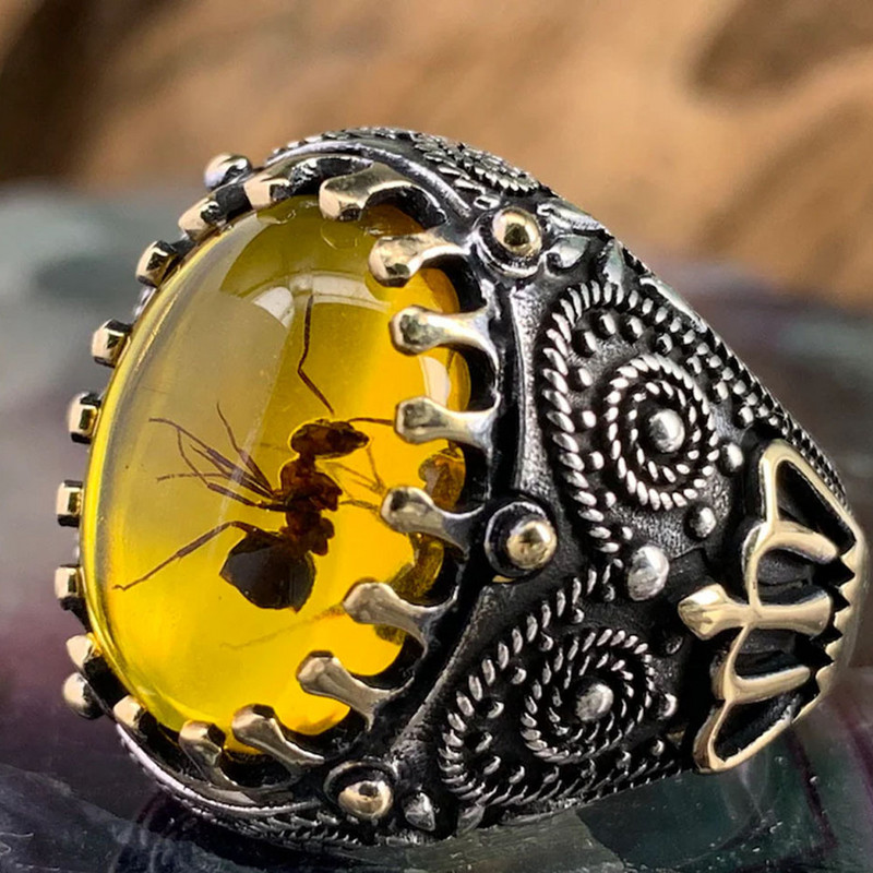 Inel de piatră de agat natural oval mare vintage pentru bărbați incrustat retro galben și roșu cu zirconiu furnici inel pentru femei verigheta bijuterii turcești