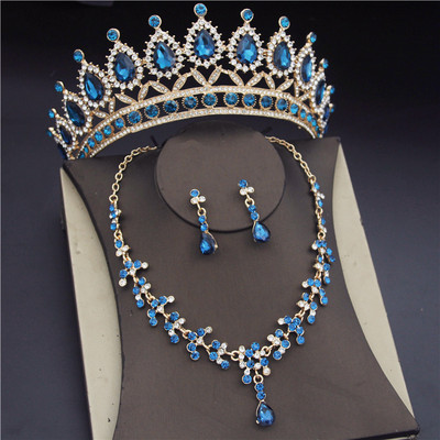 Луксозни комплекти булчински бижута със син кристал за жени Модни диадеми Обеци Колиета Комплект сватбена корона Колие Комплект булка