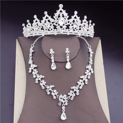 Luxus kék kristály menyasszonyi ékszer készletek nőknek Divat Tiaras fülbevaló nyaklánc szett Esküvői korona nyaklánc menyasszonyi szett