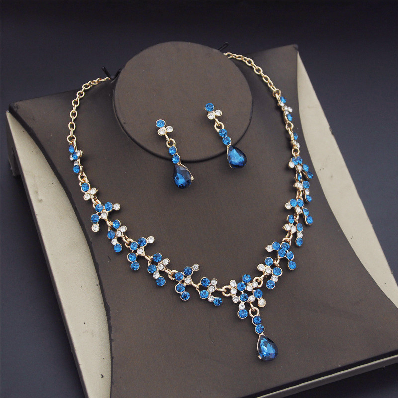 Luxus kék kristály menyasszonyi ékszer készletek nőknek Divat Tiaras fülbevaló nyaklánc szett Esküvői korona nyaklánc menyasszonyi szett
