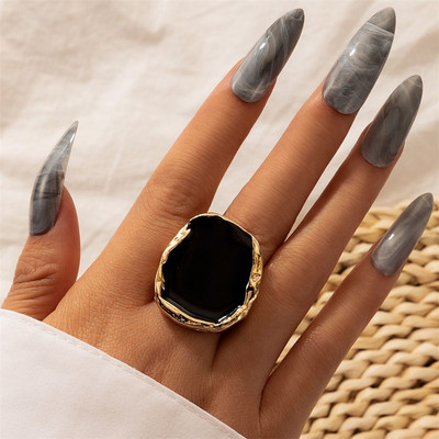 Бохемски метален пръстен с голям черен камък за мъже и жени Очарование капещо масло Голям пръстен за фуги Готически подарък за бижута от неръждаема стомана