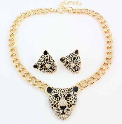 Fashion Culoare Auriu Negru Emailat Leopard Pandantiv Statement Colier Cercei Set Bijuterii