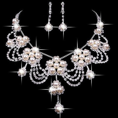 Colier de perle artificiale cu strass de lux pentru femei, cercei, set de bijuterii de mireasa de nunta, set de bijuterii de lux stralucitoare, bijuterii de nunta pentru femei