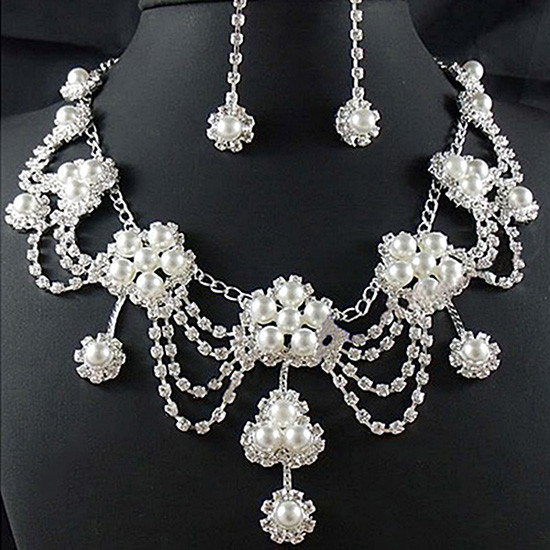 Colier de perle artificiale cu strass de lux pentru femei, cercei, set de bijuterii de mireasa de nunta, set de bijuterii de lux stralucitoare, bijuterii de nunta pentru femei