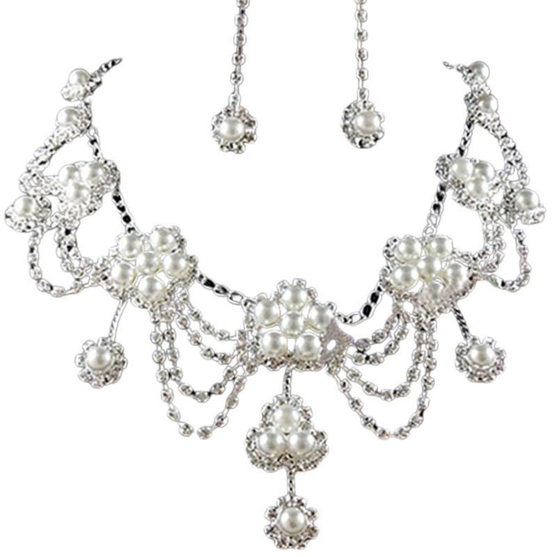 Colier de perle artificiale cu strass de lux pentru femei, cercei, set de bijuterii de mireasa de nunta, set de bijuterii de lux stralucitoare, bijuterii de nunta pentru femei