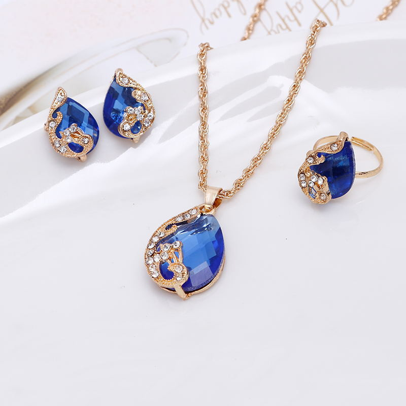 Delysia King 4 bucăți la modă picături de apă set de bijuterii păun colier elegant/cercei/inel pentru cocktail