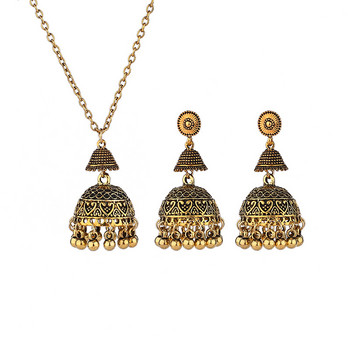 Винтидж индийски сватбен комплект бижута за жени Златен цвят резбовани камбани Колие и обеци Изявление Висящи обеци Подаръци