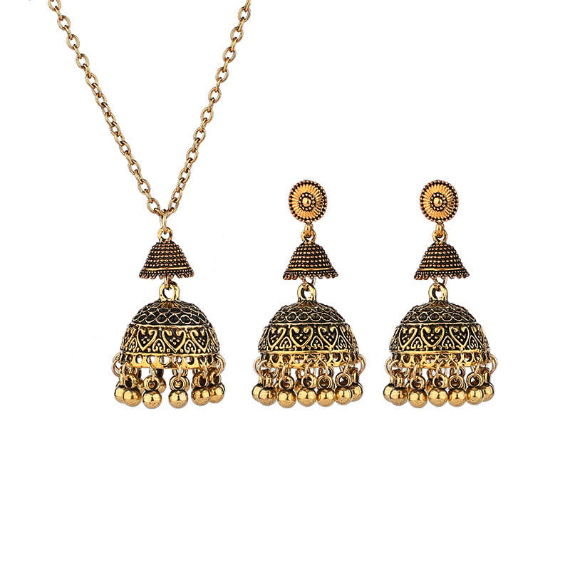 Set de bijuterii de nuntă indiană de epocă pentru femei Colier și cercei cu clopote sculptate de culoare aurie Cadouri