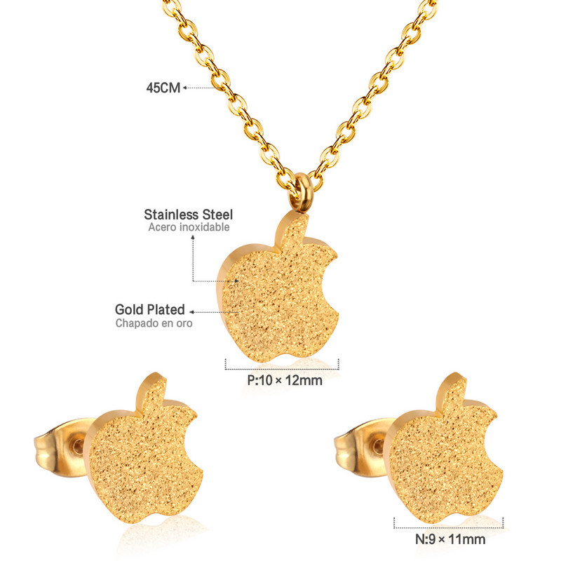 LUXUSTEEL Set de colier de mireasă de culoare aurie Colier cu pandantiv în formă de măr Cercei drăguți Brinco Party Set de bijuterii pentru copii din oțel inoxidabil