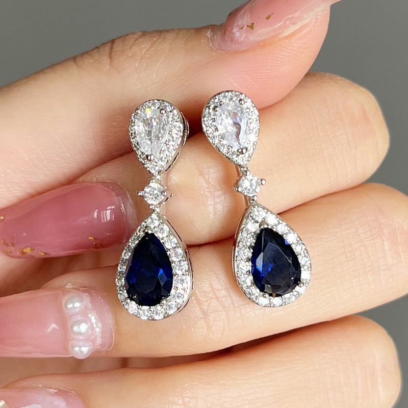 Huitan Fashion Cercei de lux albastru/alb peră CZ Picătură Nou logodnă Accesorii pentru urechi de nuntă pentru femei Cadou de aniversare de lux