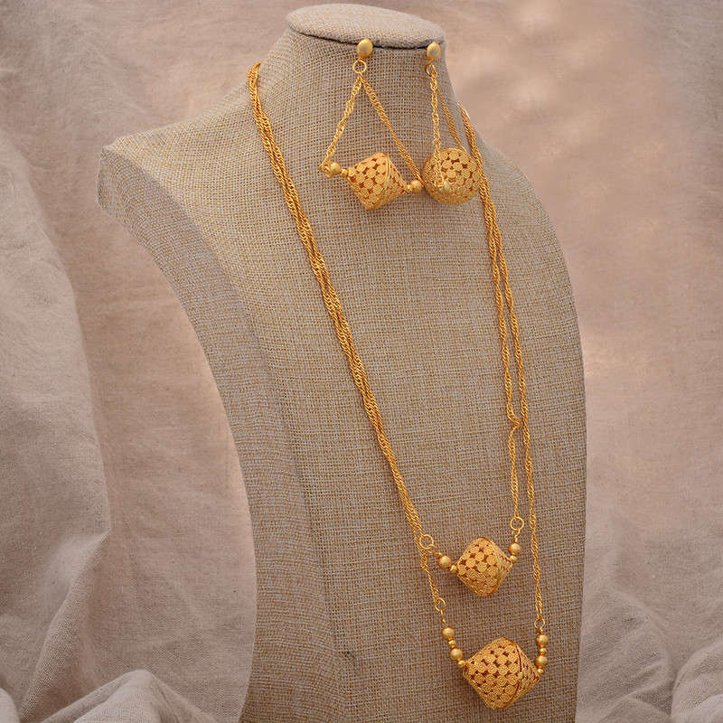 24k hosszú láncú Dubai ékszer készletek nőknek Színes etióp fülbevaló nyaklánc indiai ékszer afrikai menyasszonyi gyöngy esküvői ajándék