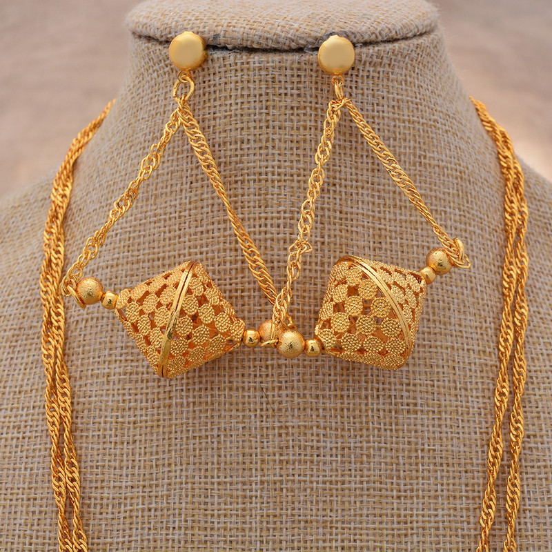 24k hosszú láncú Dubai ékszer készletek nőknek Színes etióp fülbevaló nyaklánc indiai ékszer afrikai menyasszonyi gyöngy esküvői ajándék