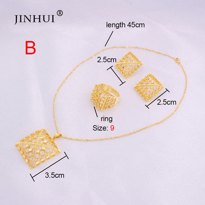 Etiópia aranyozott Dubai ékszer készletek női afrikai parti esküvői ajándékok Nyaklánc és fülbevaló gyűrű készlet 45 cm Medál ajándékok