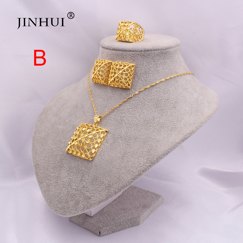 Etiópia aranyozott Dubai ékszer készletek női afrikai parti esküvői ajándékok Nyaklánc és fülbevaló gyűrű készlet 45 cm Medál ajándékok