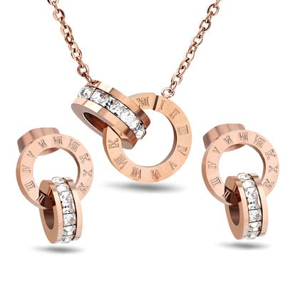 AsJerlya Set de cercei de lux elegant cu cifre romane, colier de cristal, pentru femei, cercei din oțel inoxidabil, bijuterii de nuntă