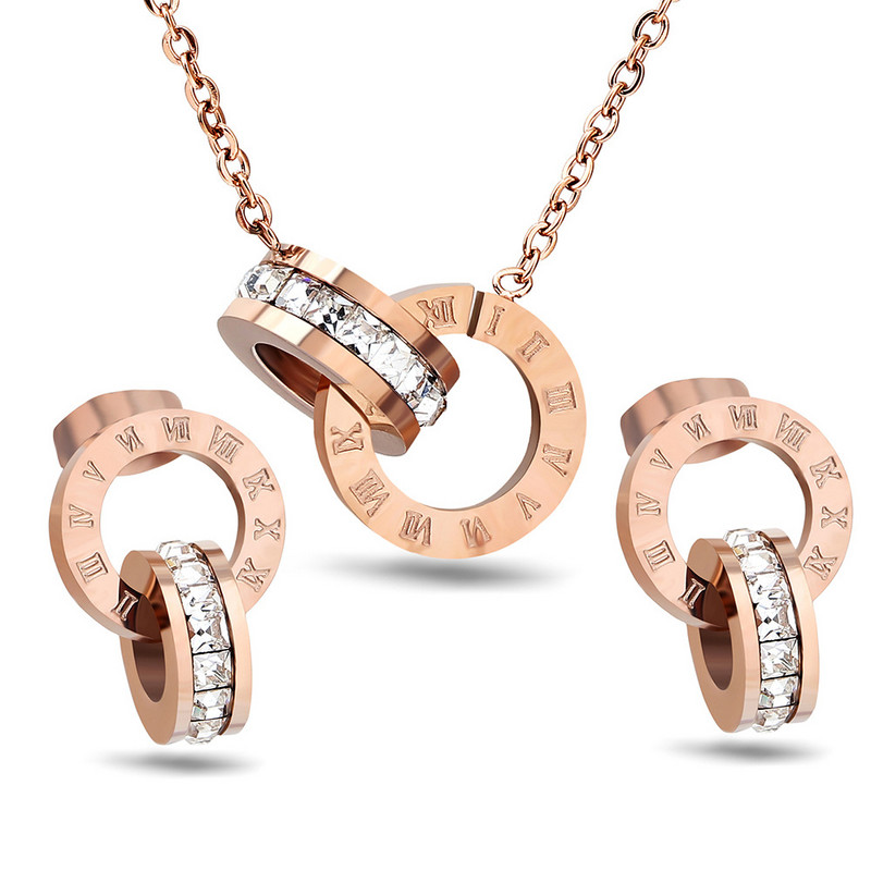 AsJerlya Set de cercei de lux elegant cu cifre romane, colier de cristal, pentru femei, cercei din oțel inoxidabil, bijuterii de nuntă