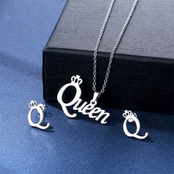 Модни комплекти бижута от неръждаема стомана кристал Queen Crown Choker Колиета и обеци Комплект благородни букви висулка шипове на едро