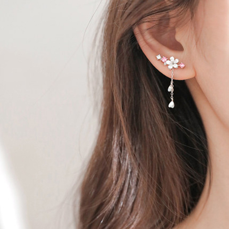 Cercei cu zircon cu perle coreene pentru femei, cercei eleganti cu flori de cristal, flori de cireș, aniversare, bijuterii de nuntă