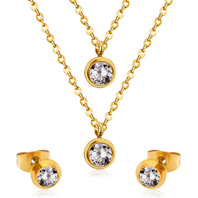 2021 új kerek cirkon sáros kétrétegű lánc nyaklánc fülbevaló készlet arany ezüst színű medál ékszer készlet nőknek nagykereskedés