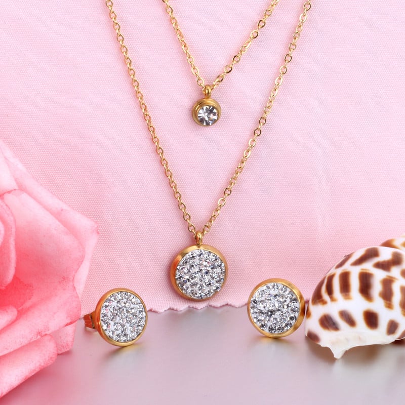 2021 új kerek cirkon sáros kétrétegű lánc nyaklánc fülbevaló készlet arany ezüst színű medál ékszer készlet nőknek nagykereskedés