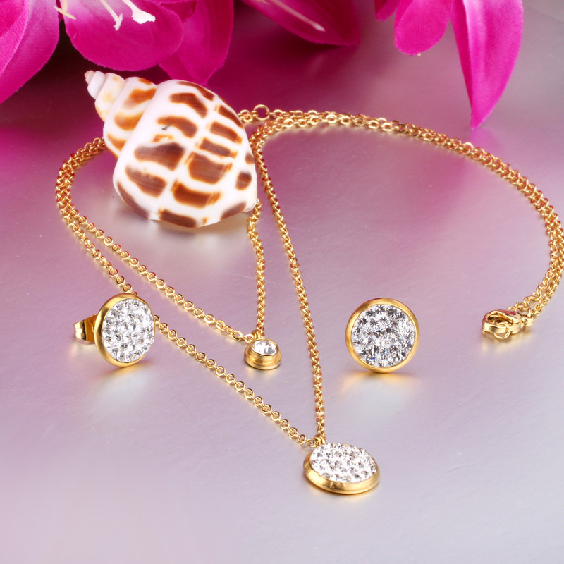 2021 új kerek cirkon sáros kétrétegű lánc nyaklánc fülbevaló készlet arany ezüst színű medál ékszer készlet nőknek nagykereskedés