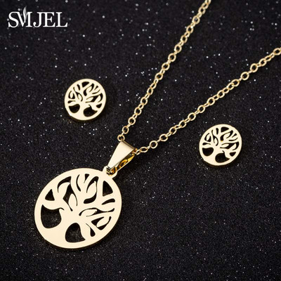 SMJEL Set de bijuterii Boemia Arborele Vieții Cercei din oțel inoxidabil Femei Copii Moda Colier cu flori fulgi de nea Hawaii Pendientes