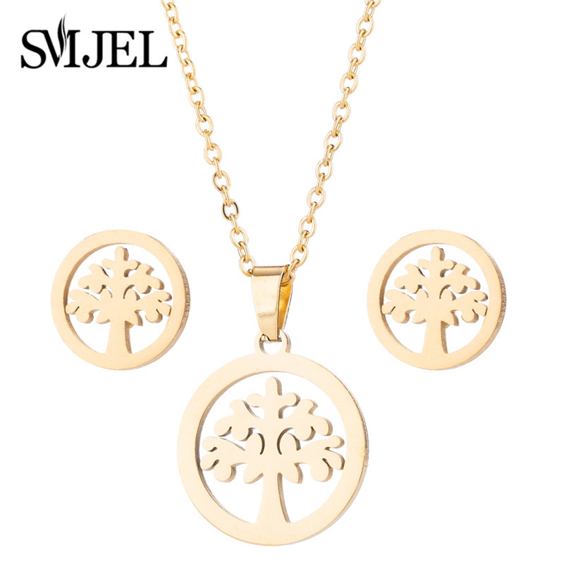 SMJEL Set de bijuterii Boemia Arborele Vieții Cercei din oțel inoxidabil Femei Copii Moda Colier cu flori fulgi de nea Hawaii Pendientes