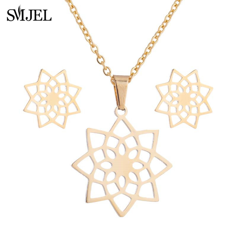 SMJEL Set de bijuterii Boemia Arborele Vieții Cercei din oțel inoxidabil Femei Copii Moda Colier cu flori fulgi de nea Hawaii Pendientes