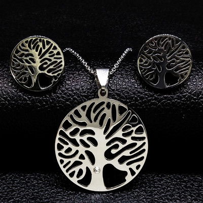 Az élet virága rozsdamentes acél ékszerkészlet női üreges arany színű nyaklánc fülbevaló szett Ékszer parure acier inoxidable femme