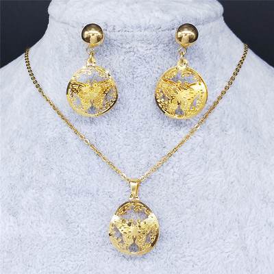 Az élet virága rozsdamentes acél ékszerkészlet női üreges arany színű nyaklánc fülbevaló szett Ékszer parure acier inoxidable femme