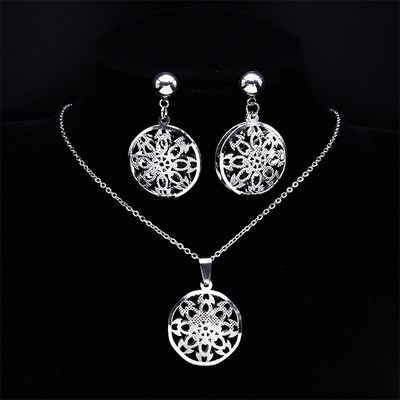 Az élet virága rozsdamentes acél ékszerkészlet női üreges arany színű nyaklánc fülbevaló szett Ékszer parure acier inoxidable femme