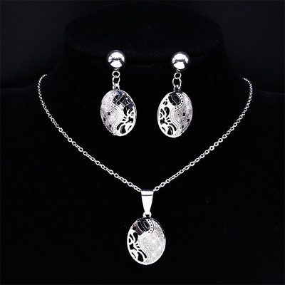 Az élet virága rozsdamentes acél ékszerkészlet női üreges arany színű nyaklánc fülbevaló szett Ékszer parure acier inoxidable femme