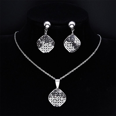 Az élet virága rozsdamentes acél ékszerkészlet női üreges arany színű nyaklánc fülbevaló szett Ékszer parure acier inoxidable femme