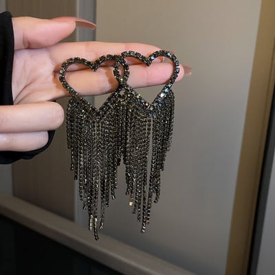 FYUAN Cercei lungi cu ciucuri cu strass complet pentru femei Cercei lungi cu cristale negre, bijuterii, accesorii