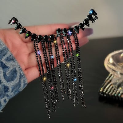 FYUAN Cercei lungi cu ciucuri cu strass complet pentru femei Cercei lungi cu cristale negre, bijuterii, accesorii