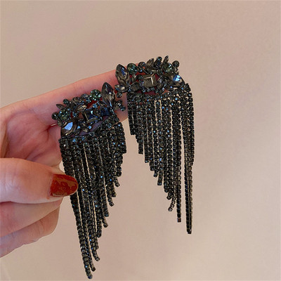 FYUAN Cercei lungi cu ciucuri cu strass complet pentru femei Cercei lungi cu cristale negre, bijuterii, accesorii