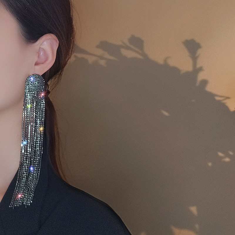 FYUAN Cercei lungi cu ciucuri cu strass complet pentru femei Cercei lungi cu cristale negre, bijuterii, accesorii