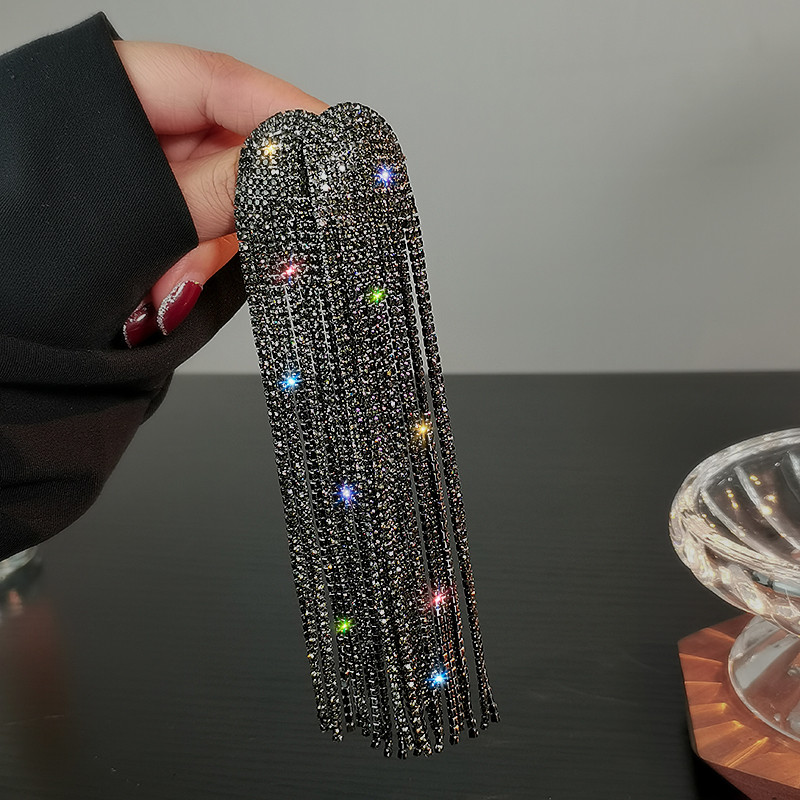 FYUAN Cercei lungi cu ciucuri cu strass complet pentru femei Cercei lungi cu cristale negre, bijuterii, accesorii