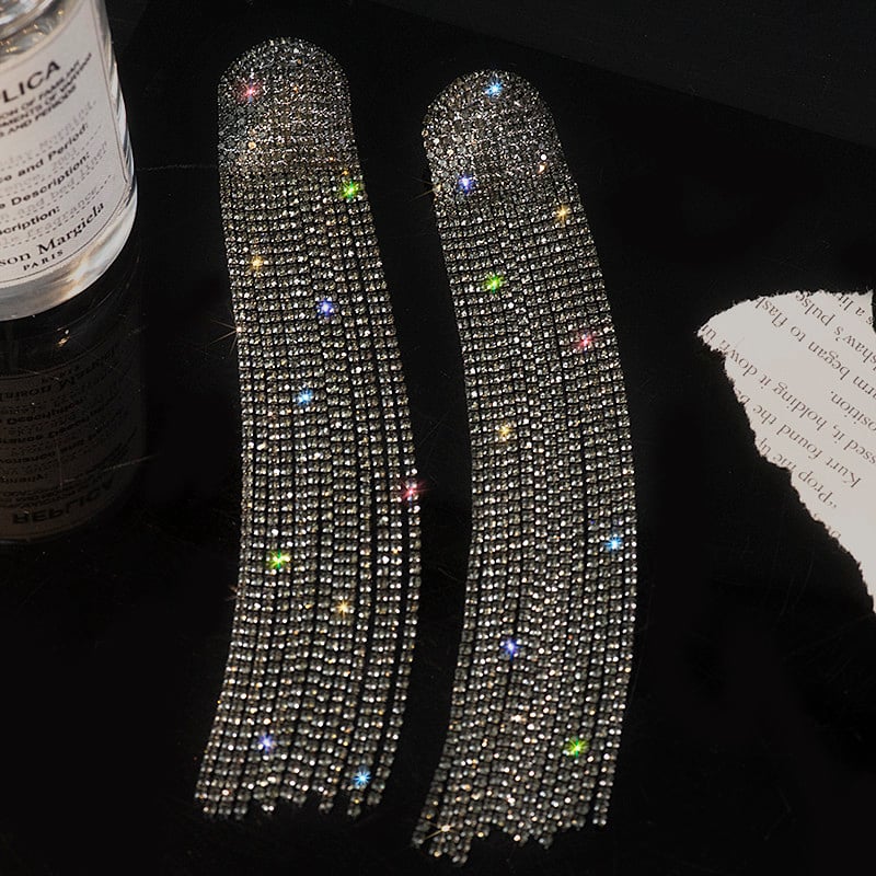 FYUAN Cercei lungi cu ciucuri cu strass complet pentru femei Cercei lungi cu cristale negre, bijuterii, accesorii