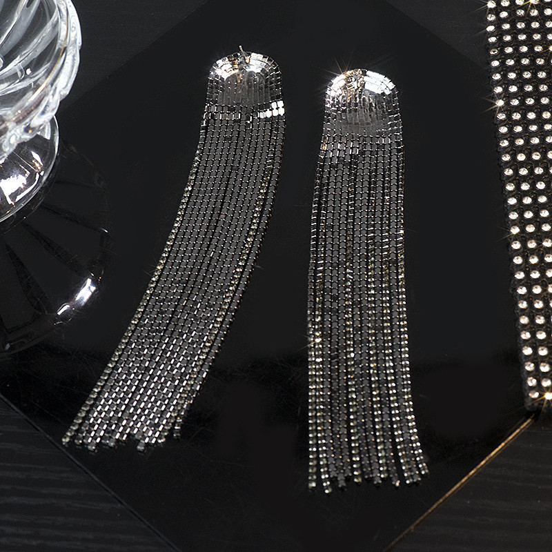 FYUAN Cercei lungi cu ciucuri cu strass complet pentru femei Cercei lungi cu cristale negre, bijuterii, accesorii