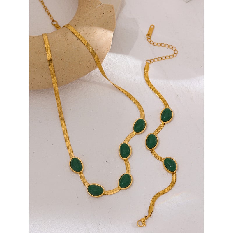 Yhpup Set de brățări colier cu lanț de agat verde verde Bijuterii din oțel inoxidabil Set placat 18 K de înaltă calitate Accesorii Cadou Nou