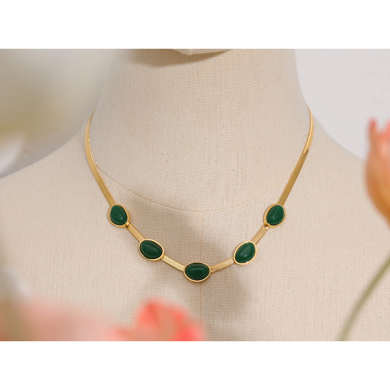 Yhpup Set de brățări colier cu lanț de agat verde verde Bijuterii din oțel inoxidabil Set placat 18 K de înaltă calitate Accesorii Cadou Nou