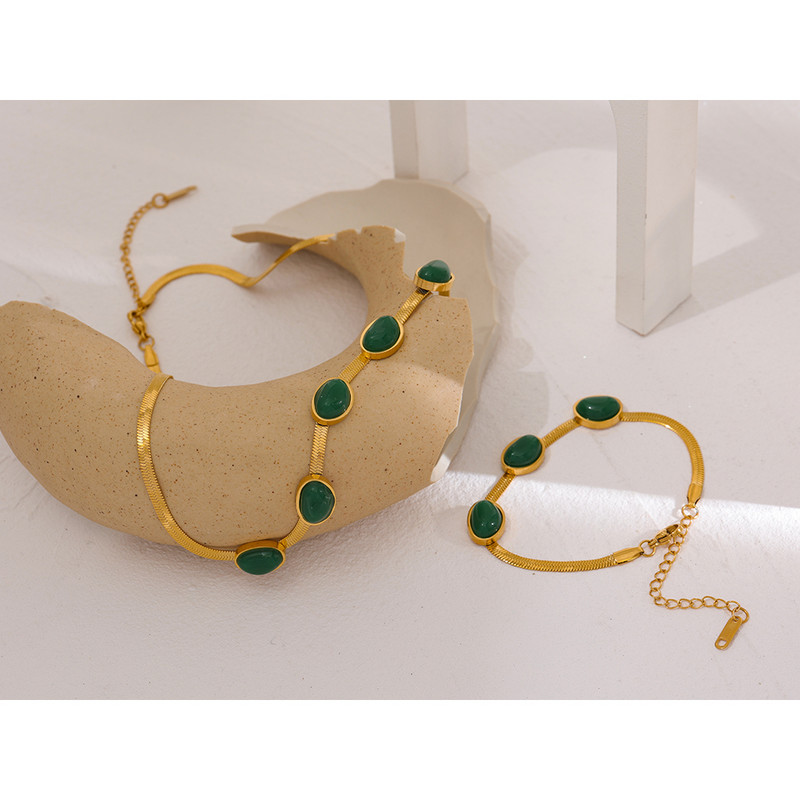 Yhpup Set de brățări colier cu lanț de agat verde verde Bijuterii din oțel inoxidabil Set placat 18 K de înaltă calitate Accesorii Cadou Nou